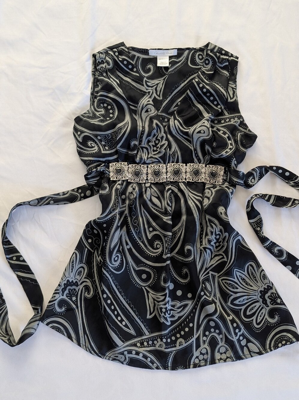Charlotte Russe Black Paisley Sleeveless Top with Silver Print